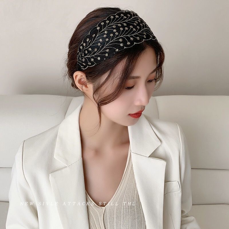 Băng Đô Cài Tóc Bản Rộng Bằng Vải Dệt Kim Phối Ren Tua Rua Thời Trang Độc Đáo JP6