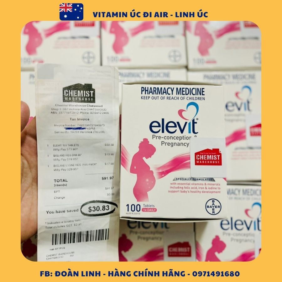 Viên Uống Bổ Sung Vitamin Tổng Hợp Dành Cho Bà Bầu Elevit Mẫu Mới 100 Viên, Hàng Chuẩn Úc