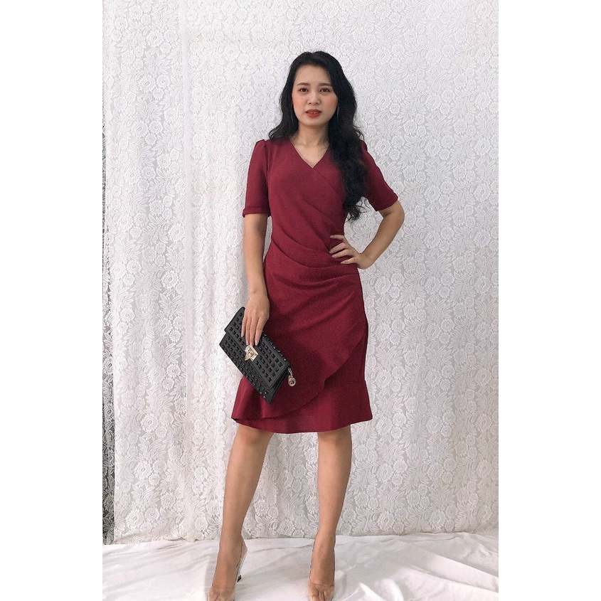 Đầm ôm cổ đắp chéo, xếp ly eo, bèo lai tôn dáng S&amp;M GR195- Hình thật do shop chụp