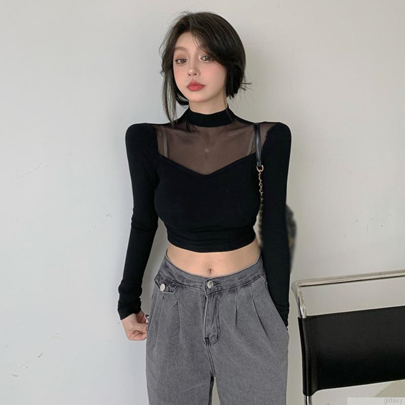 Áo thun lửng tay dài cổ lọ màu sắc trong suốt thời trang Hàn Quốc cho nữ