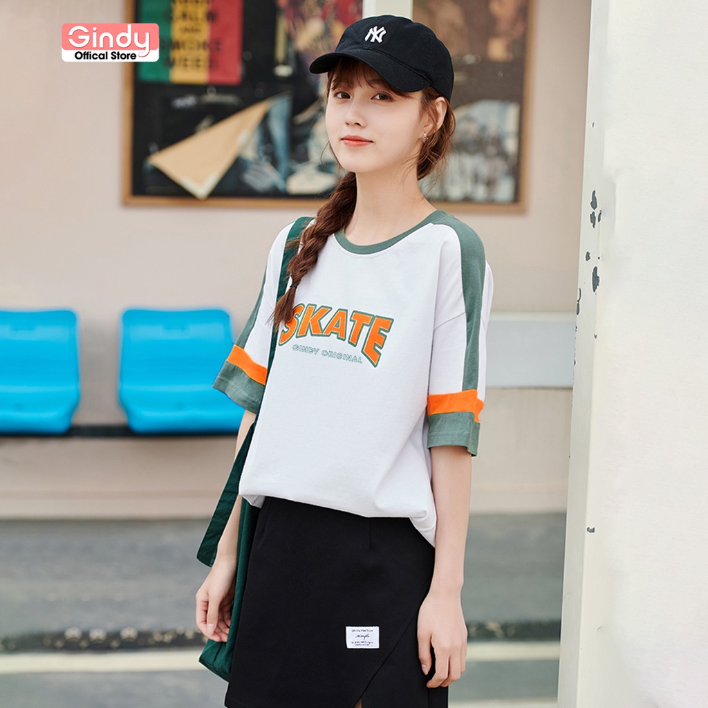 Áo thun nữ form rộng GINDY tay lỡ unisex basic cổ tròn vải cotton thoáng mát phong cách Hàn Quốc A9103