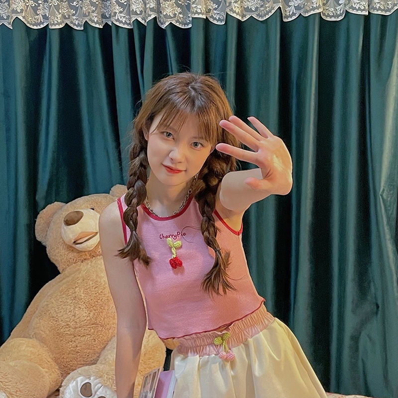 Jiashucheng Waffle Áo Thun Nhỏ Hai Dây Thêu Họa Tiết Cherry Phong Cách Nhật Bản Ngọt Ngào Dành Cho Bạn Nữ Mặc Bên Trong