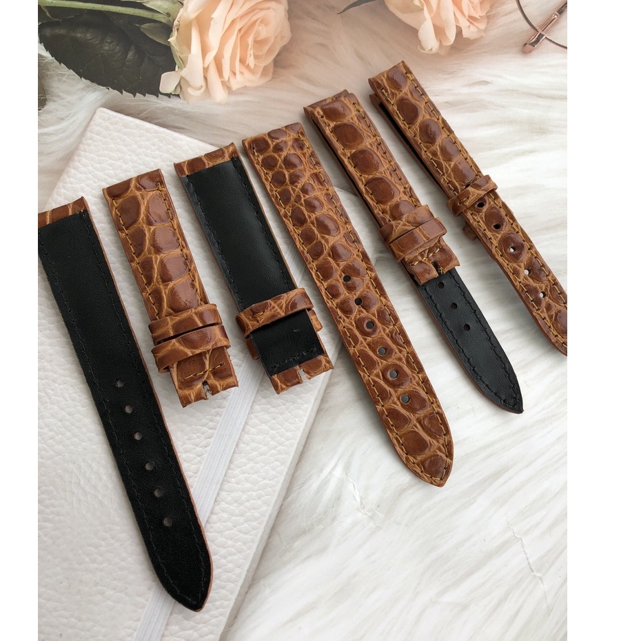 Dây Đồng Hồ Da Bò 100% Màu Nâu Vàng Vân Nhện Tặng Kèm Chốt Và Đồ Thay Dây