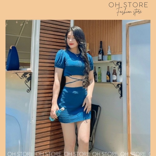 Set bộ nữ, set áo croptop cột dây kèm chân váy màu xanh coban OH STORE