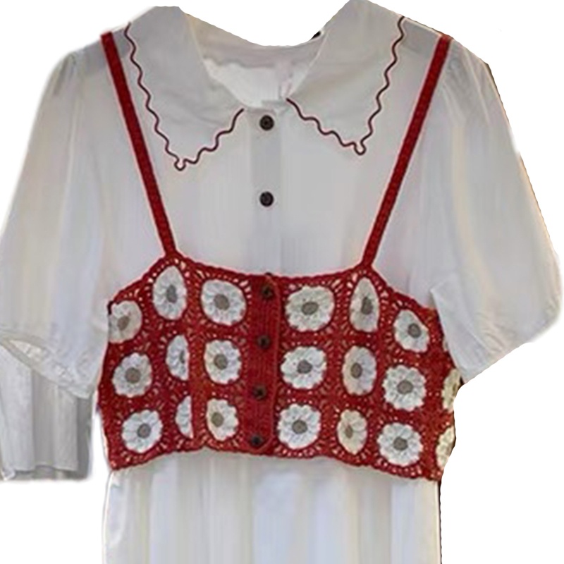 Brroa Áo Sweater Croptop Hai Dây Cài Nút Họa Tiết Hoa Cúc Khoét Rỗng Kiểu Hàn Quốc Thời Trang Mùa Hè Cho Bạn Gái
