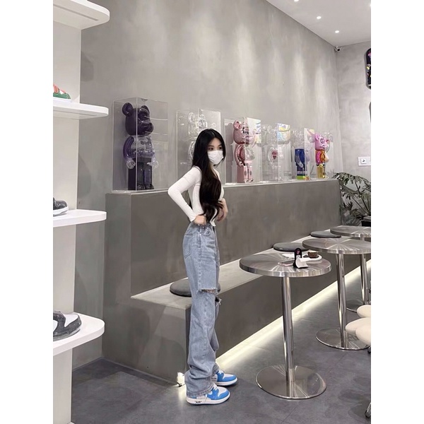Quần jeans lưng cao ống rộng đứng from ống quần dài trên dưới 100cm màu xanh nhạt