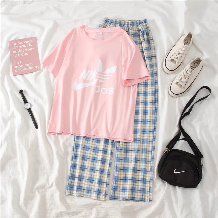 Sét áo Chữ N.k + quần kẻ xanh, Áo thun from rộng, Chất đẹp không xù, quần suông ống rộng, Sét bộ mặc ở nhà - MODY