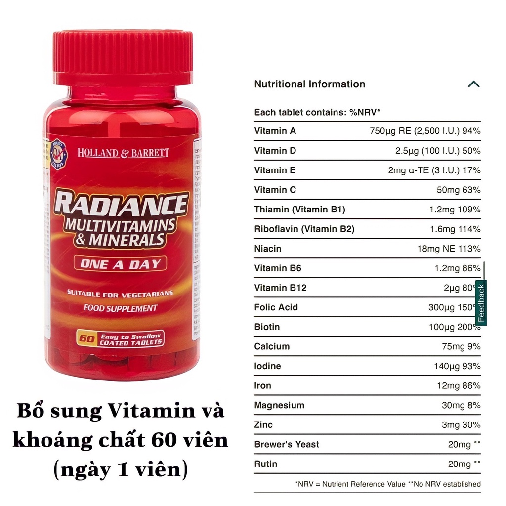Viên Bổ Sung Vitamin Tổng Hợp Holland & Barrett Radiance Multivitamins One A Day