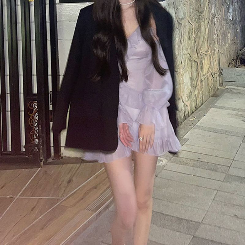 Đầm tím trễ vai xếp li ulzzang order