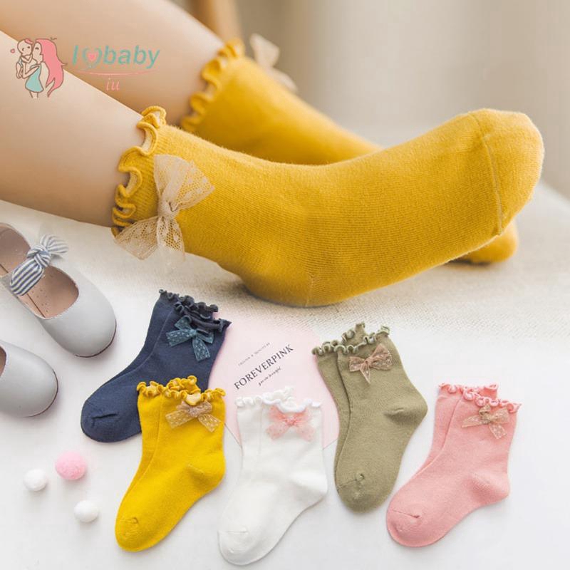 Set 5 đôi tất cotton mềm mại chống trượt đính nơ cho bé