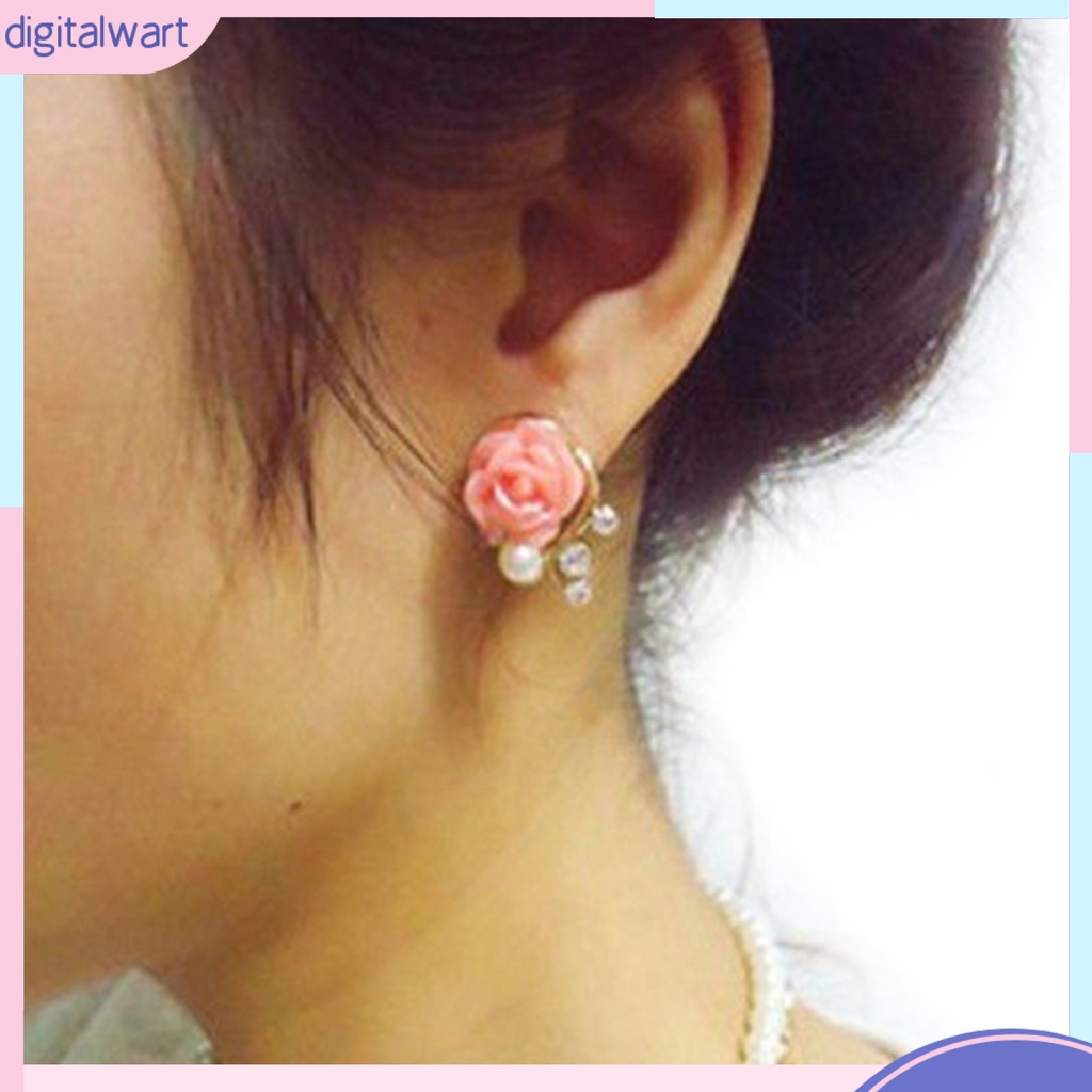 Cặp khuyên tai thiết kế hình hoa hồng đính đá và ngọc trai giả sang trọng dành cho nữ