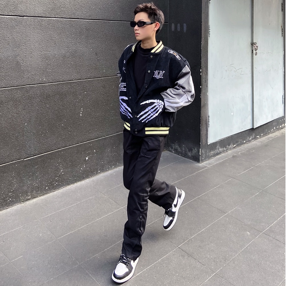 Áo Khoác URBAN MONKEY SKELETON Varsity Vải Nhung Tăm Cao Cấp Phối Màu Black/ Grey