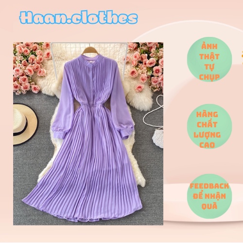 Đầm tay dài chất voan xếp ly thanh lịch màu trơn 6 màu chiết eo siêu xinh