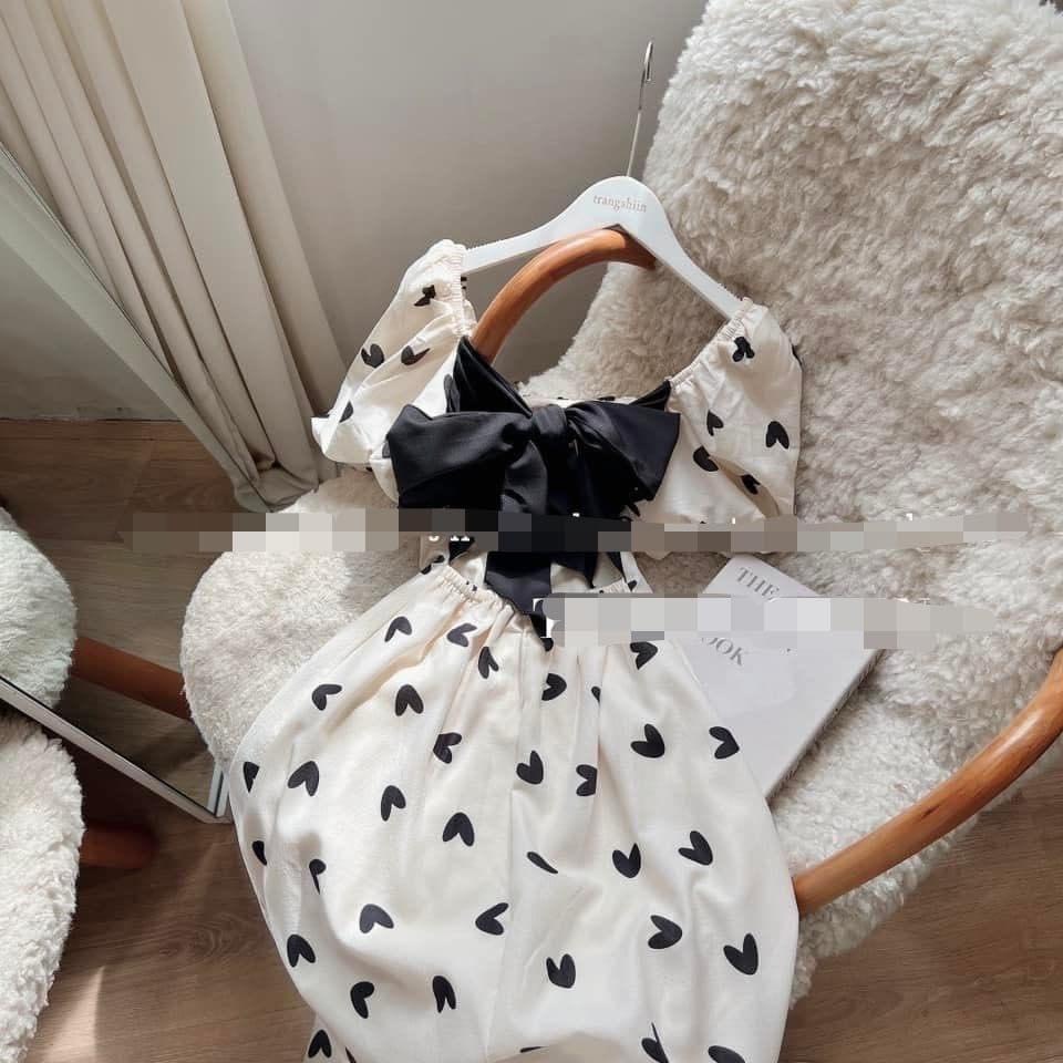 [10.10 Sale Freeship] Đầm maxi hình trái tim tay phồng dáng xòe dài có nhún ngực thắt nơ, đầm công chúa bánh bèo