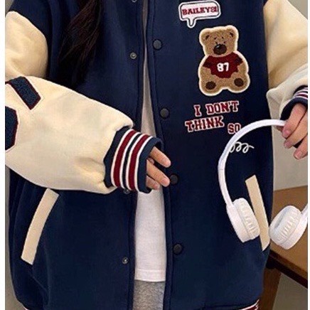 Áo khoác bomber nữ form rộng , Áo bomber nam nữ hình chú gấu phong cách style