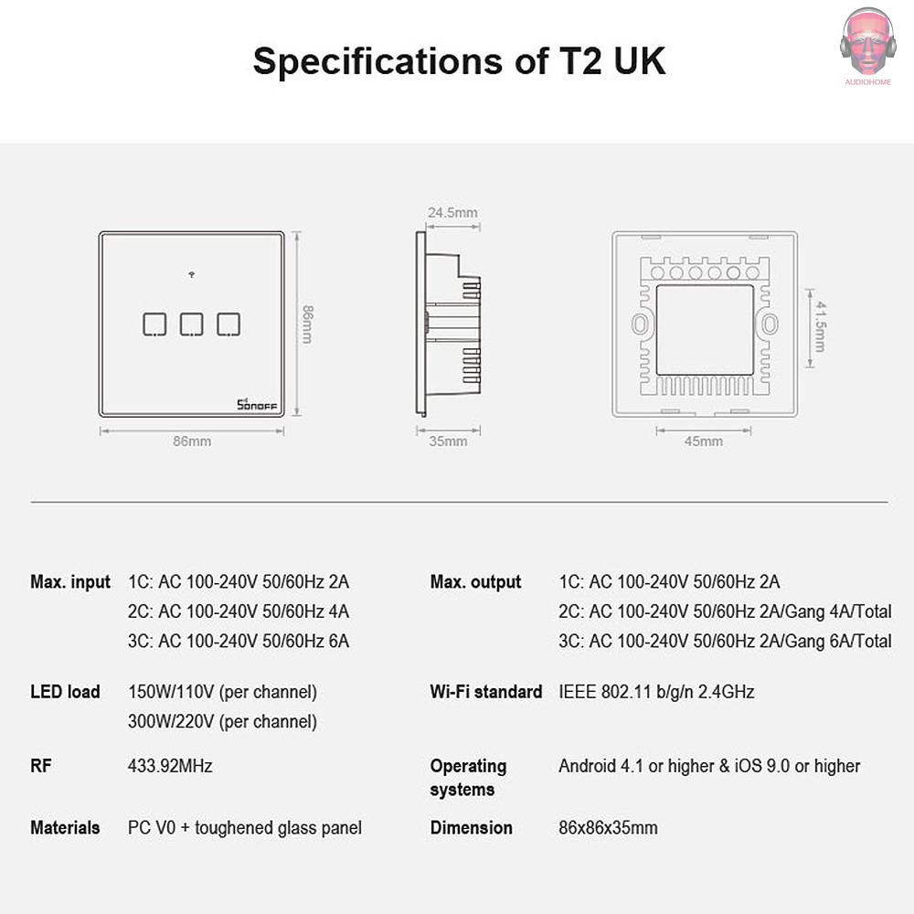 GOOGLE Công Tắc Đèn Thông Minh WiFi Thông Minh SONOFF T2UK2C-TX 2 Gang 433Mhz RF Điều Khiển Từ Xa Tiện Dụng