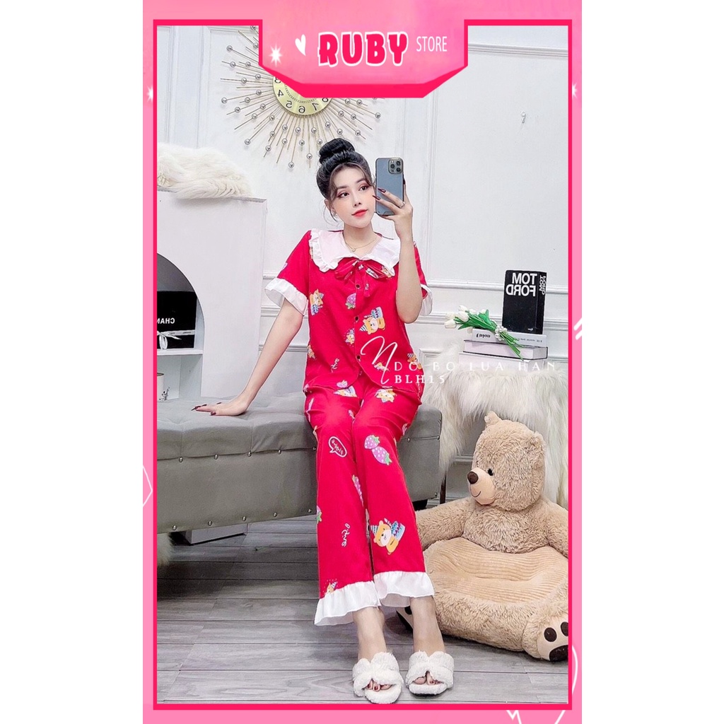 Đồ bộ tiểu thư cho nữ mặc nhà chất kate lụa mềm mát in hình trái dâu hoạt hình dễ thương BLH15