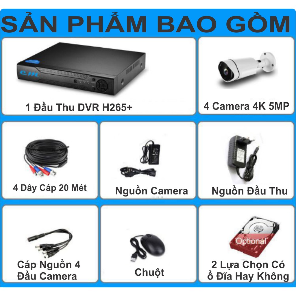 Trọn Bộ 4 Camera Giám Sát 4k 5MP Chóng Nước IP66 Dây 20 Mét-App điều khiển từ xa (No HDD)