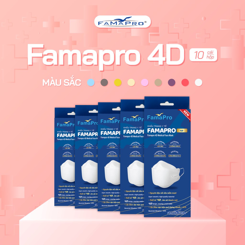 Khẩu trang y tế kháng khuẩn Nam Anh FAMAPRO 4D cao cấp lọc bụi chống khuẩn, virus, nắng và tia UV hộp 10 cái