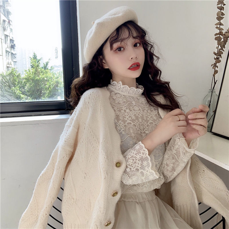 Áo Khoác Cardigan Dệt Kim Tay Dài Cổ Chữ V Dáng Rộng Màu Trắng/Hồng Phong Cách Nhật Bản Cho Nữ