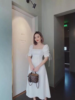 Đầm Cổ Vuông Tay Phồng Rút Eo