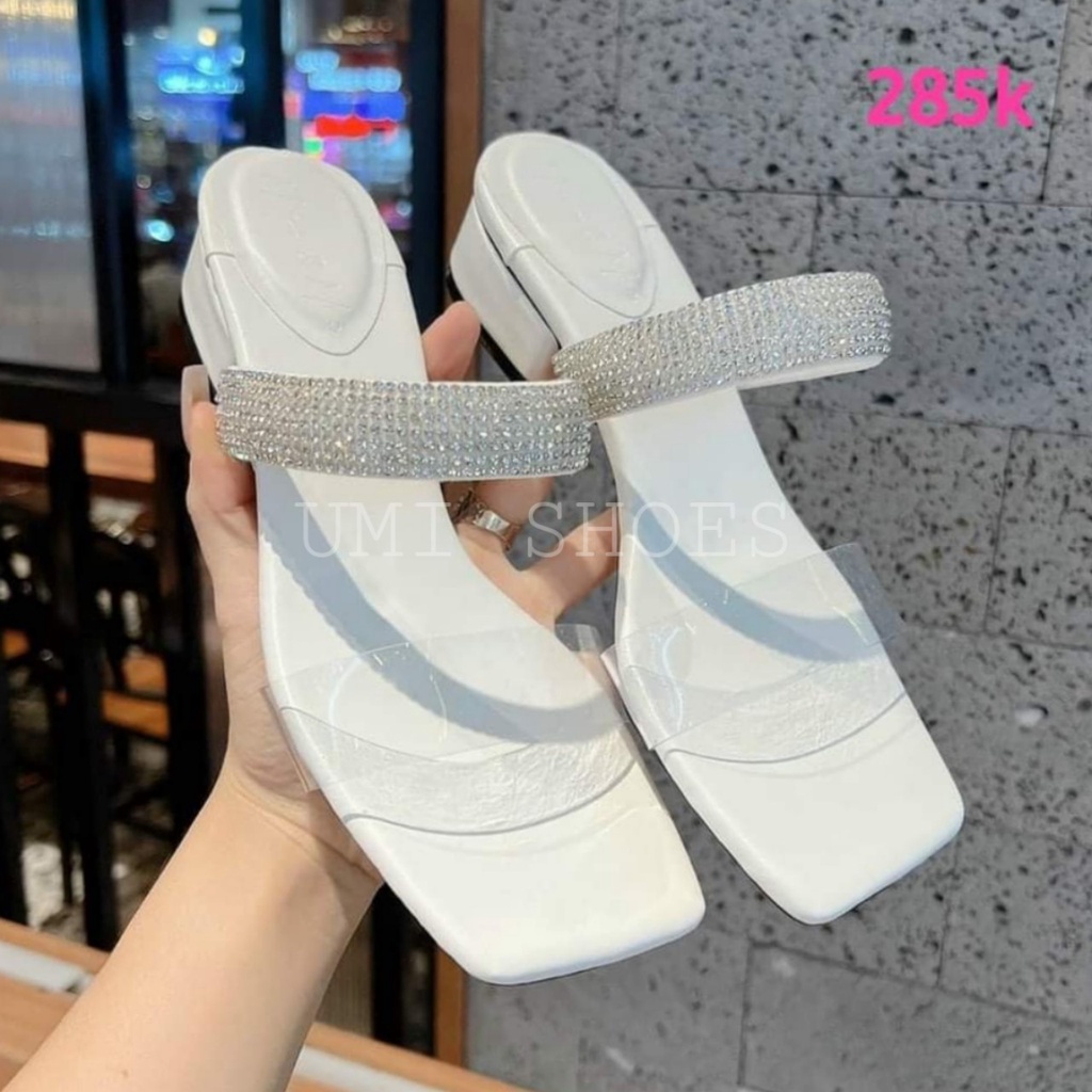 [NOWSHIP] Guốc nữ cao gót mũi vuông đính đá quai mica lấp lánh gót vuông đi chơi đơn giản mẫu mới hot xinh đẹp công sở