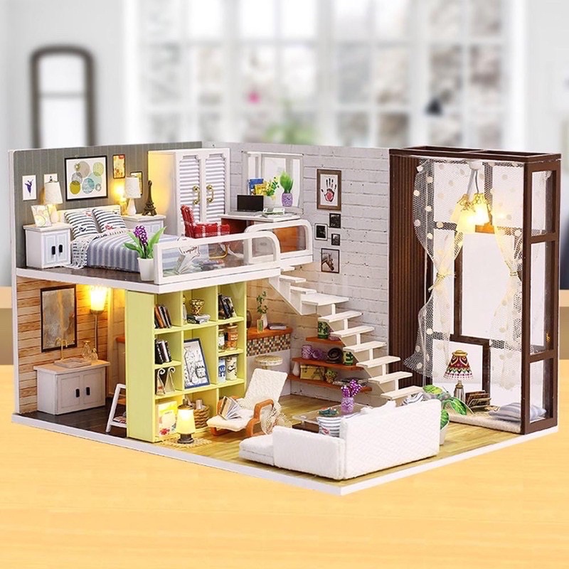 (Tặng mica,keo sữa,đèn)Mô hình nhà búp bê bé tự lắp ráp đô chơi bằng gỗ Diy doll house K028