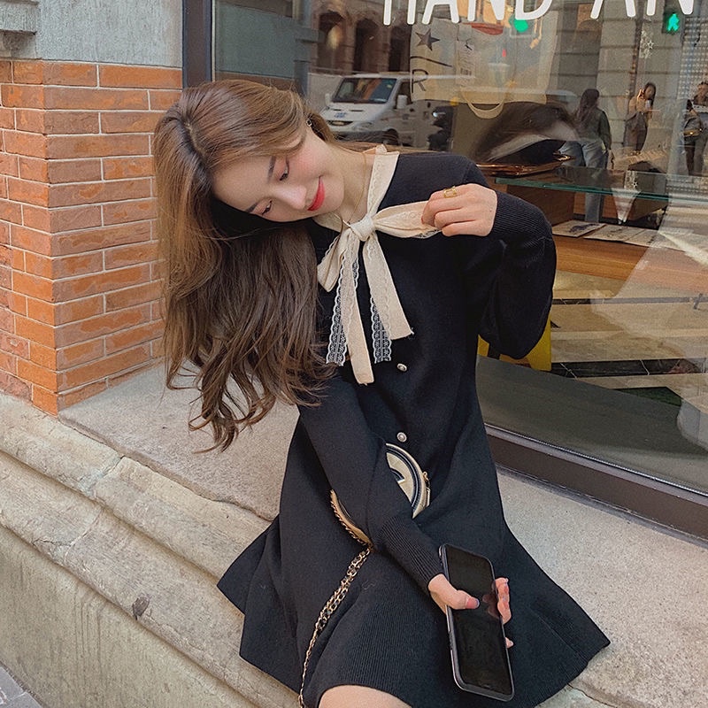 {Ảnh+Video thật} Váy Len Thắt Nơ Cổ Chân Váy Xoè Đuôi Cá Phong Cách Ulzzang ODER QUA TẾT