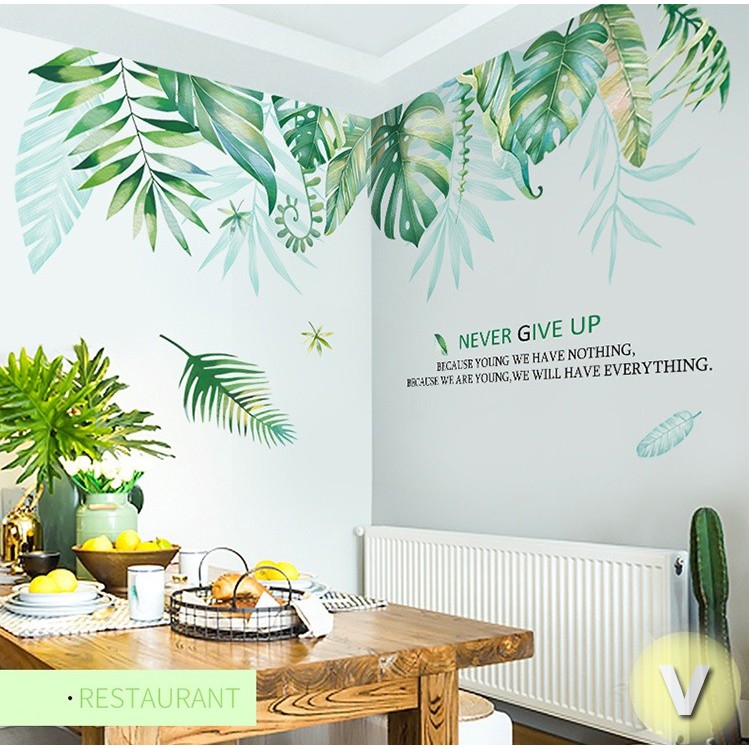 Decal dán tường Tán lá nhiệt đới Never give up