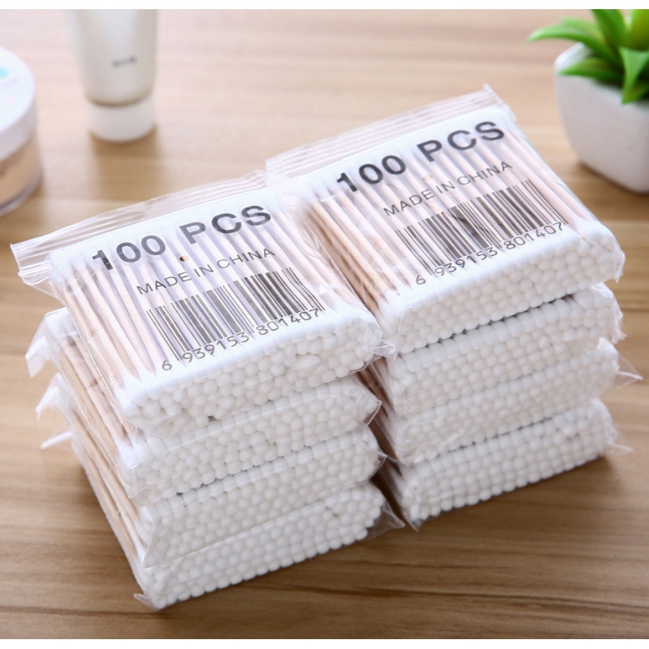 Hộp 30-100 Tăm Bông cotton Hai Đầu Thân Gỗ Dùng Cho Trang Điểm Em Bé