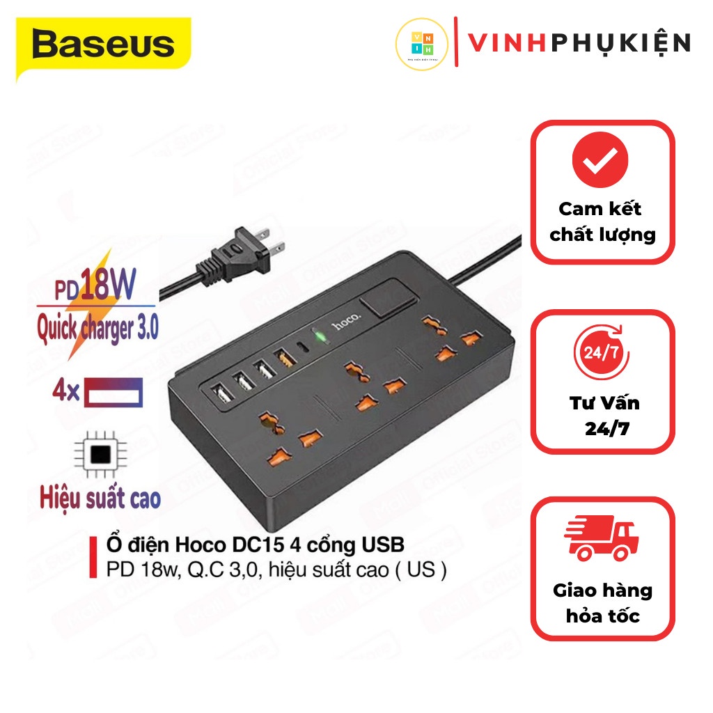 Ổ điện đa năng thông minh DC15 điện áp 220v 4 cổng sạc usb 1 cổng typec và 3 ổ cắm điện an toàn chống cháy nổ