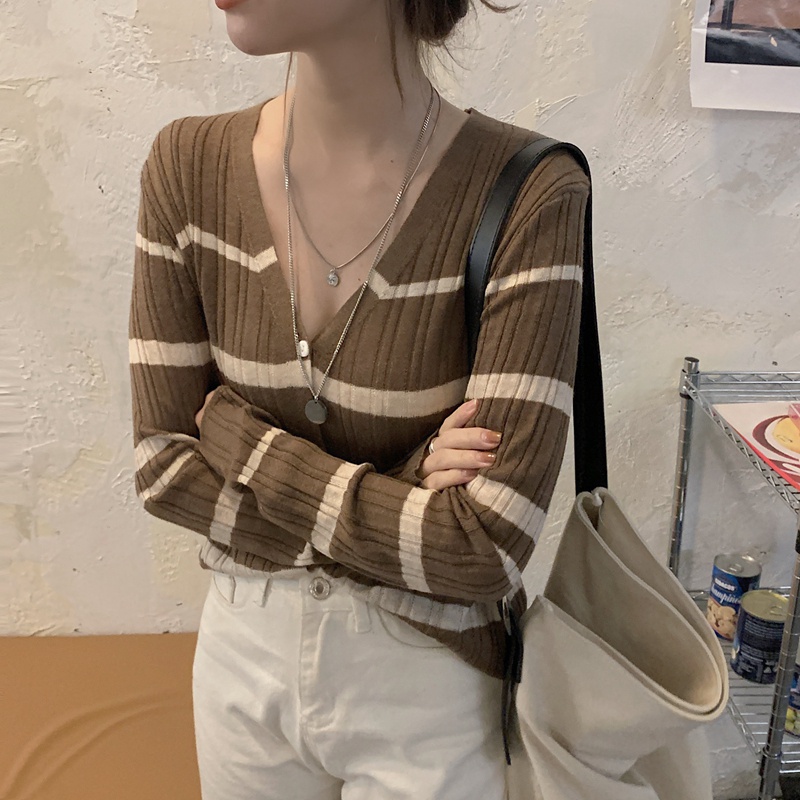 Xiaozhainv Áo cardigan dệt kim cổ chữ V tay dài họa tiết kẻ sọc trẻ trung cho nữ