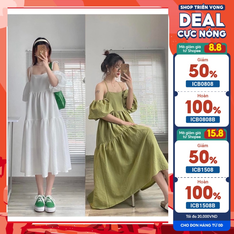 Váy hai dây dáng dài mặc 3 kiểu dáng babydoll tay rời, Đầm maxi đi biển điều chỉnh được quai