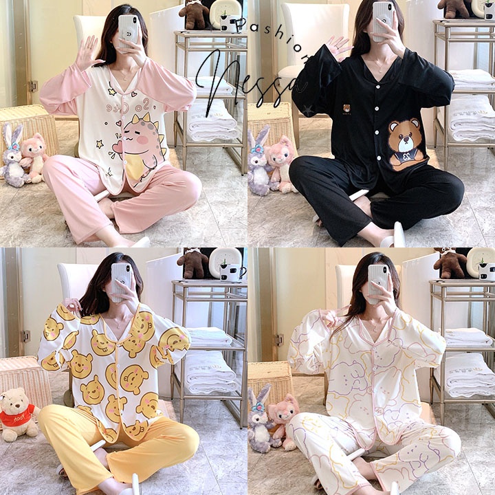 Pijama Bộ Đồ Ngủ Nữ Quần Áo Mặc Ở Nhà Dài Tay Vải Co Giãn 4 Chiều Mùa Xuân Thu Đông Kiểu Hàn Quốc Kute BĐN122