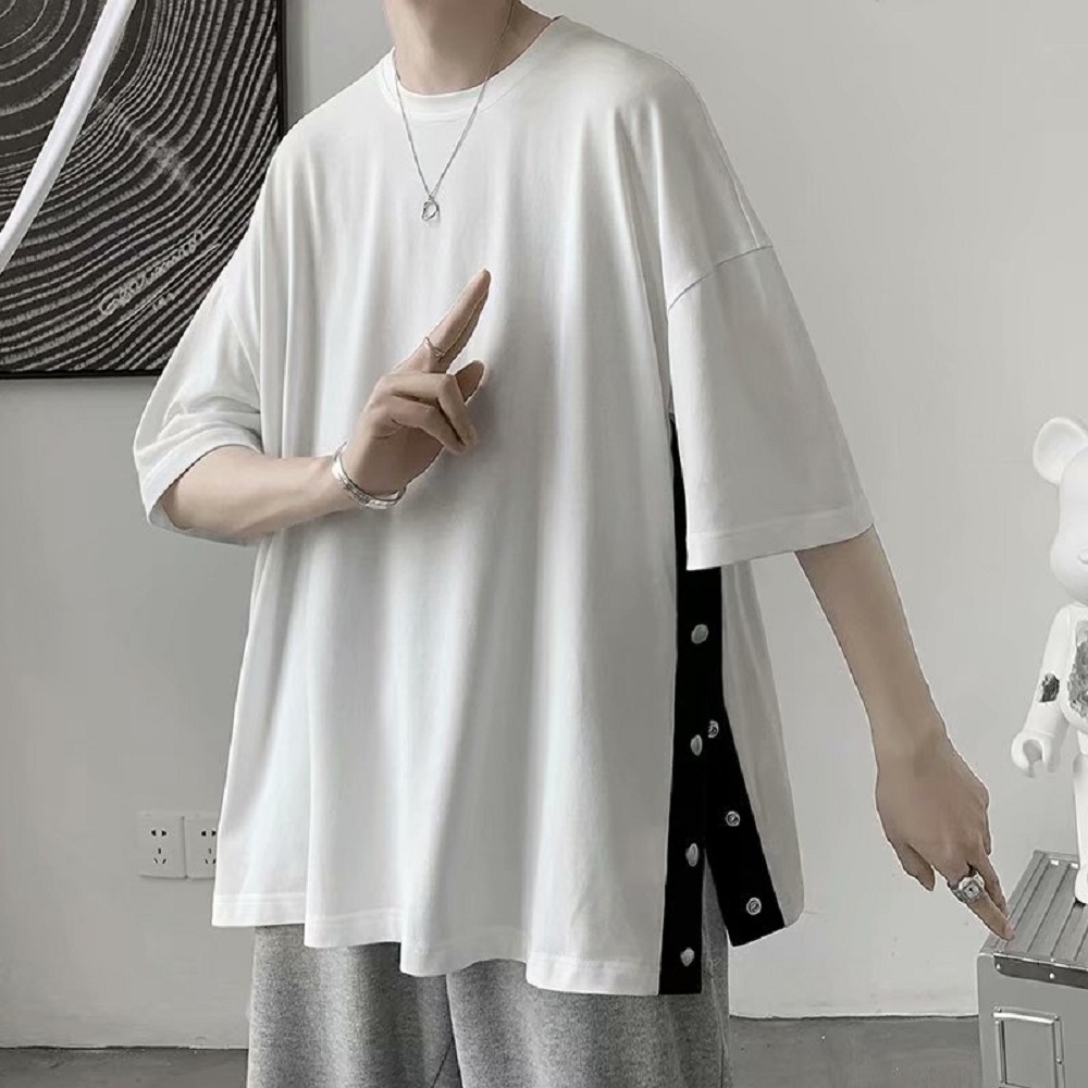 Áo Phông Tay Lỡ Phối Xẻ Tà Cotton 4 Chiều Mát Mẻ,Áo Thun Cổ Tròn Hàng Cúc Bấm Phong Cách Ullzang