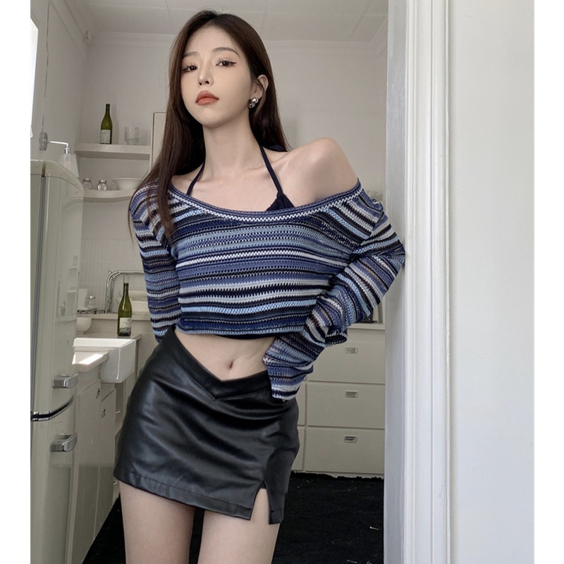 Set Áo Thun Dài Tay Sọc Ngang + Áo Hai Dây Thời Trang Nữ