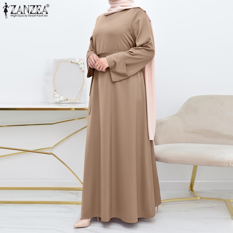 Zanzea Đầm Maxi Tay Dài Cổ Tròn Màu Trơn Phong Cách Đường Phố Cho Phụ Nữ Hồi Giáo