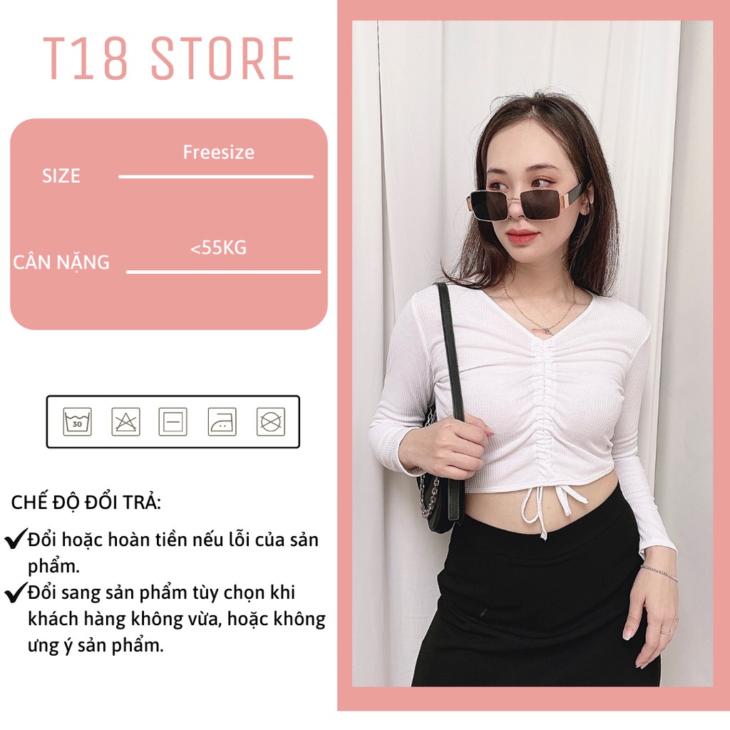 Áo croptop nữ tay dài kiểu ôm rút dây cổ tim bigsize thun body T18 STORE  CT03