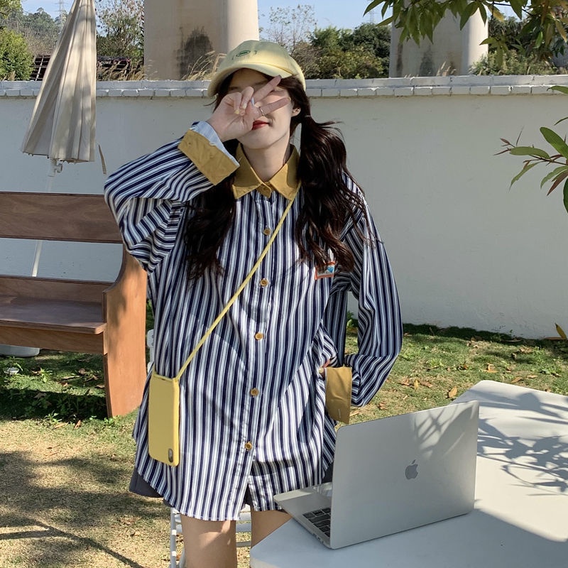 Áo Sơ Mi Tay Dài Dáng Rộng Kẻ Sọc Dọc Trẻ Trung Phong Cách Hàn Quốc Cho Bạn Gái