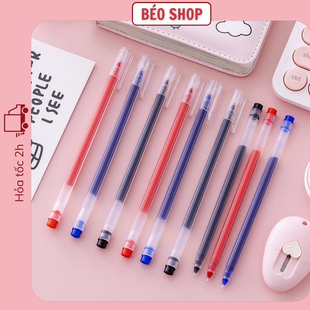 Bút mực gel dung lượng lớn Béo shop ngòi 0.5mm thiết kế vỏ trong suốt màu đen đỏ xanh B14