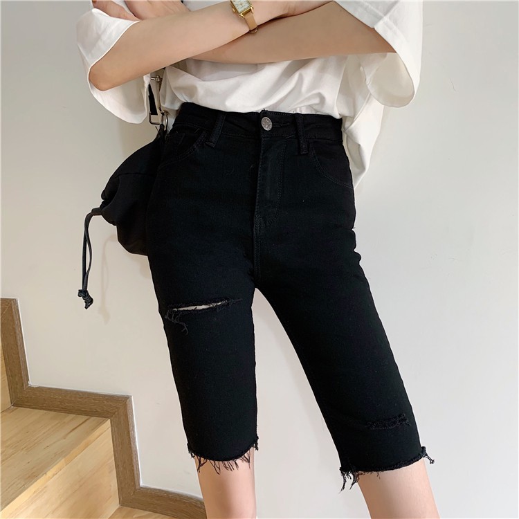 Xiaozhainv Quần đùi vải denim rách lưng cao cá tính dành cho phái đẹp | BigBuy360 - bigbuy360.vn