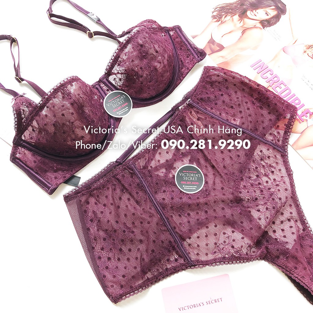 36B/B80 Bill Mỹ - Áo đỏ mận (95) sexy, ren, có gọng, không mút nâng, Violet Dot - Victoria's Secret