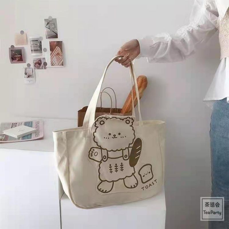 Túi tote gấu bánh mì và sanwich chất liệu canvas đeo vai size to họa tiết in sắc nét mã TP2 | tiemtuitotebypat