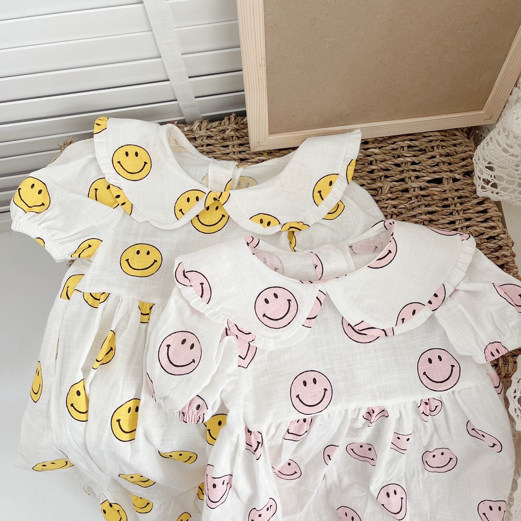 Váy hè cộc tay MẶT CƯỜI cho bé gái 1-6 tuổi-  Chất thô xước mỏng- mềm mát