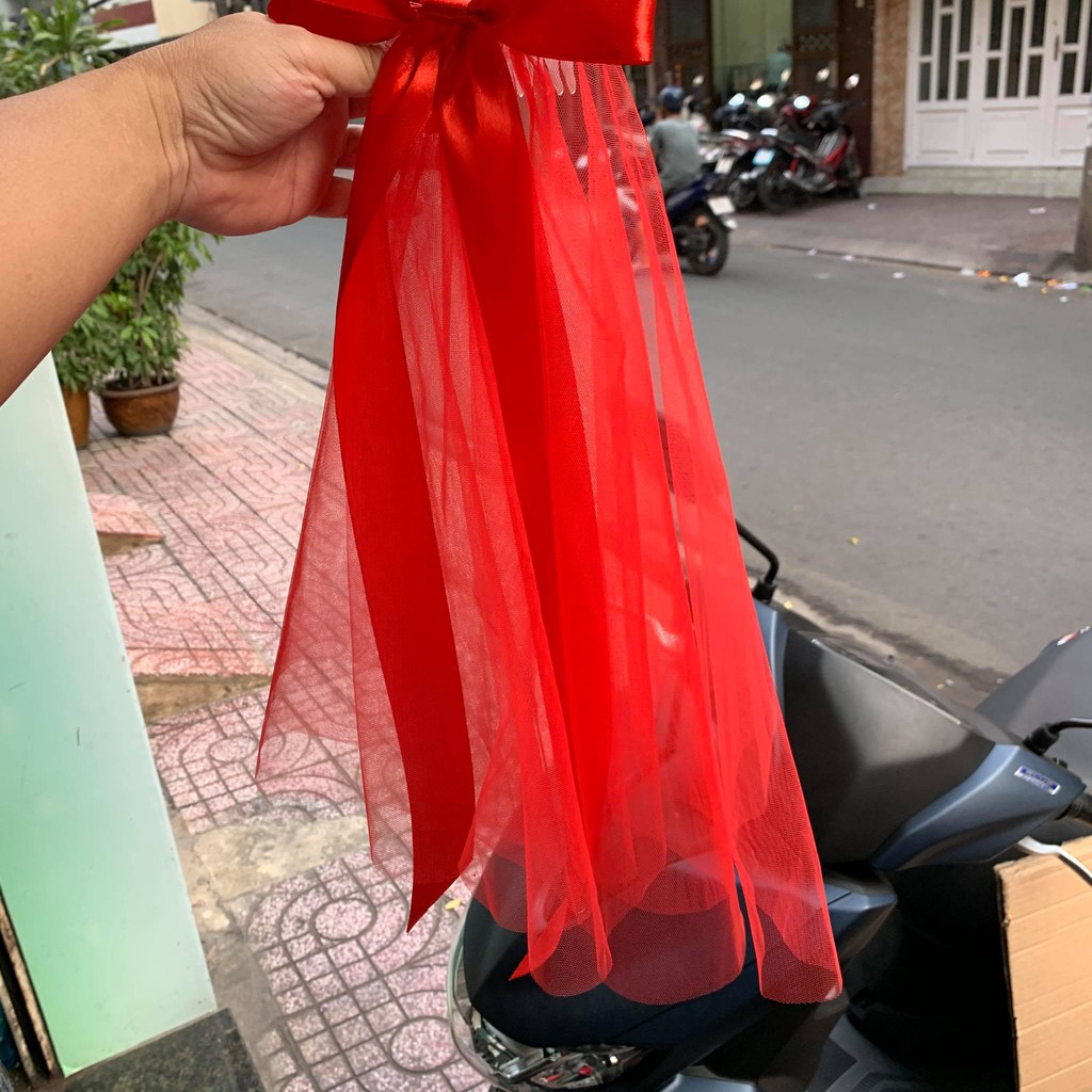 Lúp cô dâu ngắn màu đỏ có thắt nơ ry băng màu đỏ