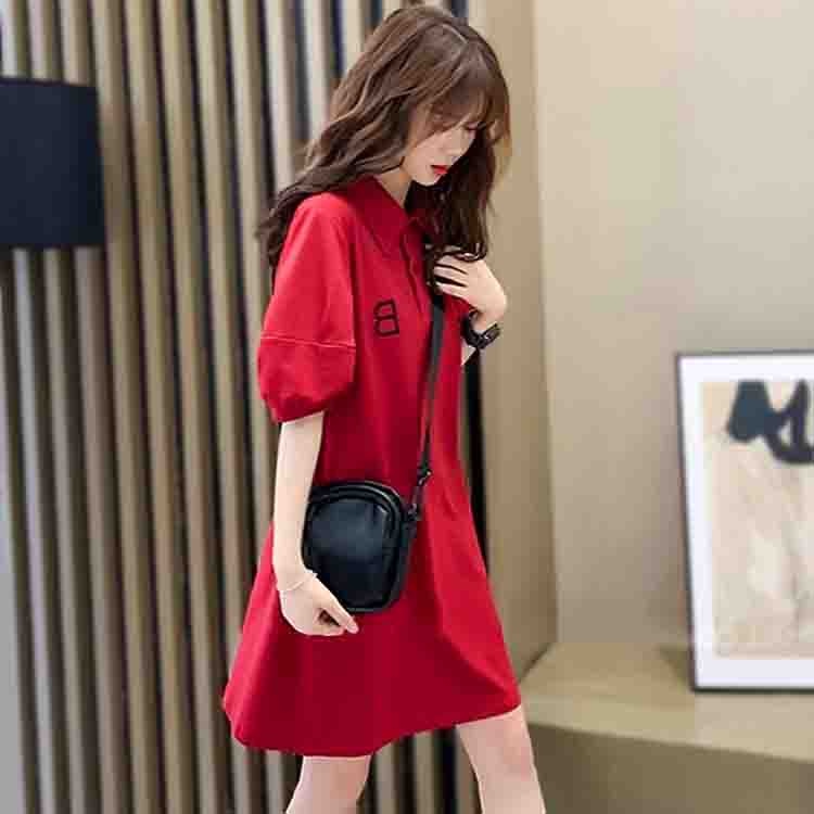 Đầm cotton dáng suông cổ sơ mi chữ B Váy thun tay bồng đỏ đen