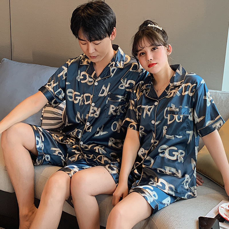 Bộ đồ ngủ pyjama vải lụa tay ngắn in họa tiết thời trang thu đông thoải mái cho nam và nữ đồ mặc nhà cao cấp pvHb