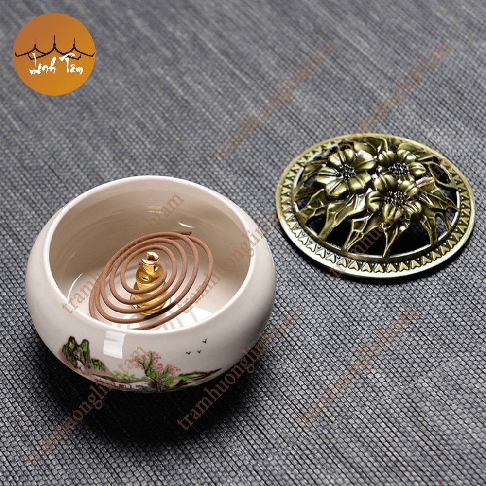 Combo Lư xông trầm hương đỉnh đốt nhang gốm sứ họa tiết + 10 nụ trầm tặng lót chống cháy