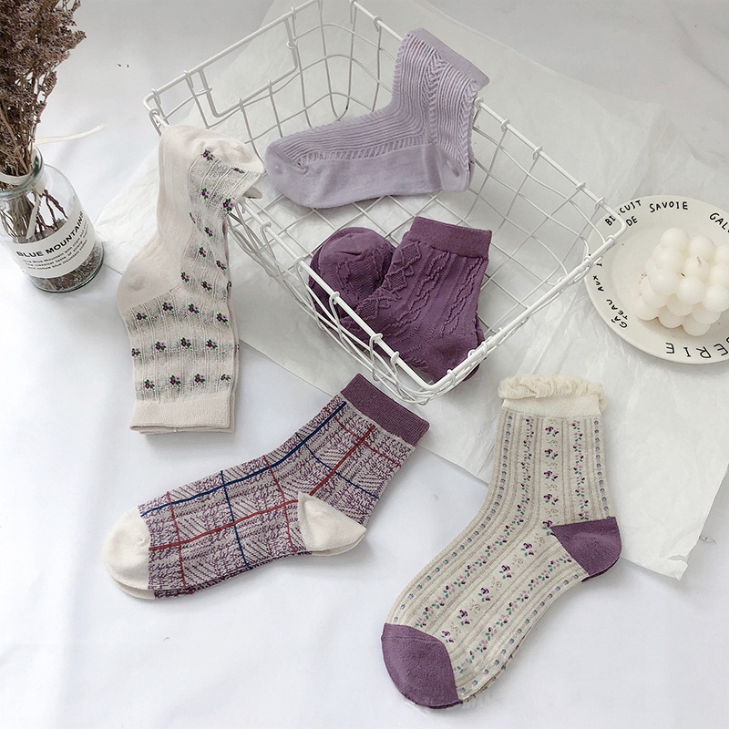 Vớ ngắn cotton họa tiết hoa kẻ sọc màu tím khoai môn dễ thương lãng mạn ấm áp thời trang thu đông