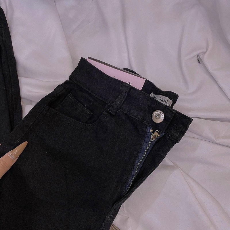 Quần jeans ống loe đen dãn không gấu cạp cao hack dáng